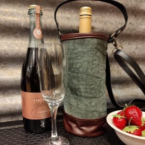 Forest Green Suede Wine Carrier with Borwn Trim and Black Straps by Purselane