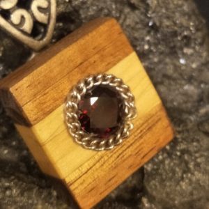 Garnet set in Huon Pine & Blackwood Pendant by Belle