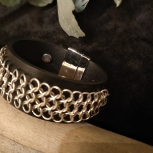 Black Leather with silver chain maille cuff