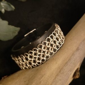 Black Leather with silver chain maille cuff