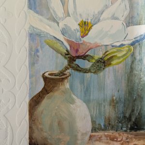 Magnolia in Ceramic Vase Still Life Gouache Mixed Media