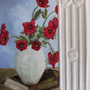 Red Poppies in White Vase by Bella Vandermeer