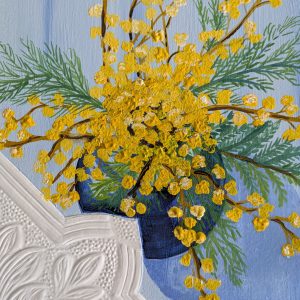 Wattle in Blue Vase Still Life Mixed Media and Gouache on Paper