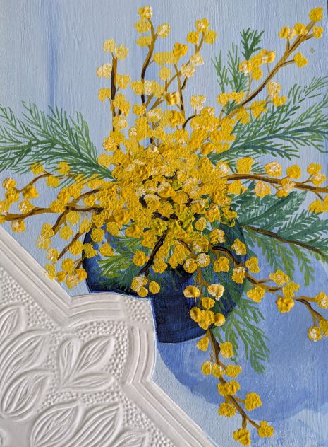 Wattle in Blue Vase Still Life Mixed Media and Gouache on Paper Wattle in Blue Vase Still Life Mixed Media and Gouache on Paper