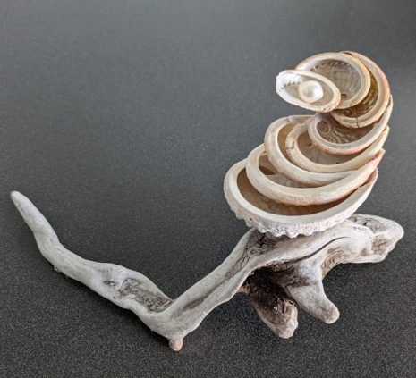 Driftwood, Abalone shell, and freshwater pearl mini sculpture by Bella Vandermeer